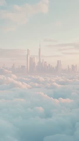 Sunrise Skyline Floating Above Clouds Vertical Video Revealing Towering Skyscrapers