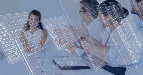 Woman Leading Team Collaborating Over Transparent Digital Dashboards and Business Analytics