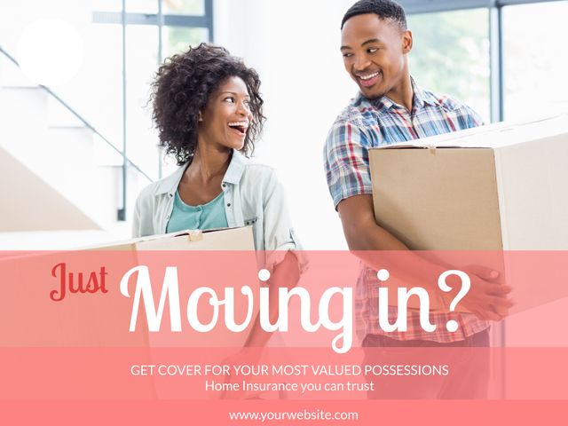 Smiling Couple Moving into New Home with Boxes, Promoting Home Insurance - Download Free Stock Templates Pikwizard.com