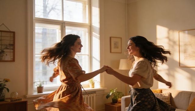 Sunlit friends twirling in cozy apartment living room, joyful motion
