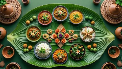 Traditional indian feast on banana leaf with curry and rice, vishu festival