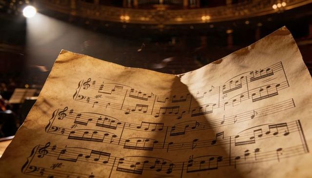 Aged sheet music on stand with spotlight in grand concert hall, vintage parchment