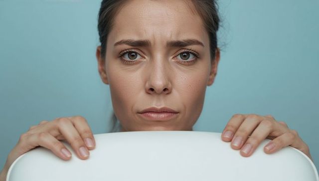 Young woman furrowing brow, gripping chair back, portraying anxiety and emotional tension