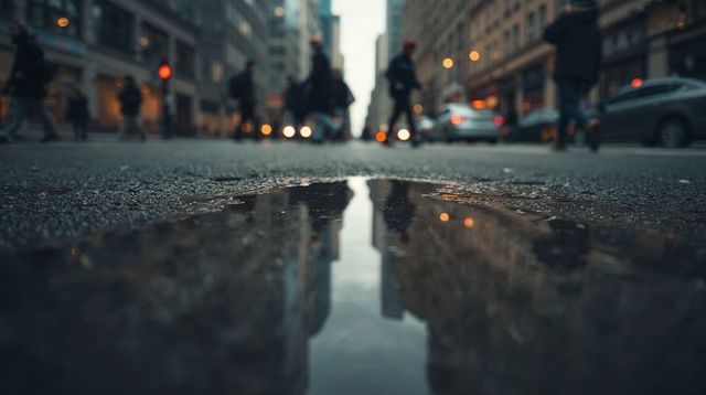 Low-angle puddle reflecting urban skyline with blurred pedestrians and bokeh headlights