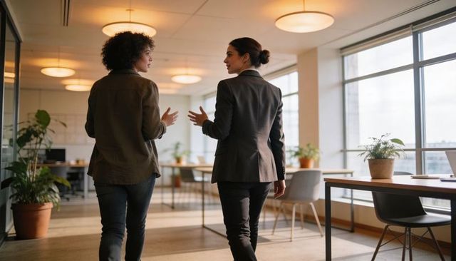 Two professional women walking and discussing in sunlit open-plan office for collaboration