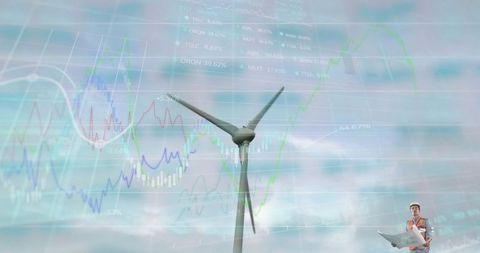 Engineer Analyzing Wind Turbine Data with Technology Overlay