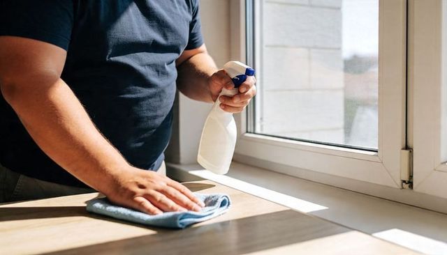 Man cleaning window sill with spray bottle and microfiber cloth in sunlit kitchen