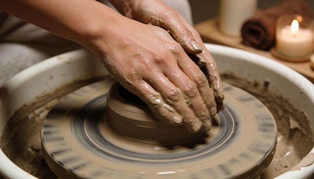 Shaping and centering wet clay on pottery wheel hands working in ceramic studio workshop
