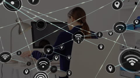 Animated Technology Icons Connecting in Modern Office Space