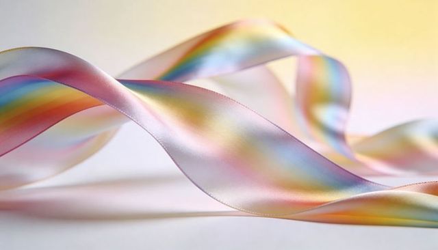 Iridescent satin ribbon flowing in pastel rainbow light, glossy loops soft satin sheen