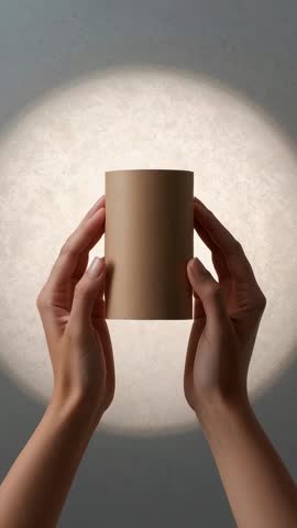 Hands Presenting Rotating Brown Cylinder Minimal Product Reveal Vertical Video