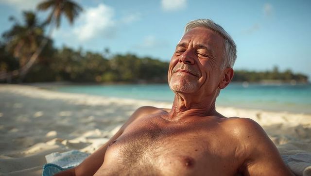 Senior man relaxing shirtless on tropical beach soaking up warm sunlight and serenity