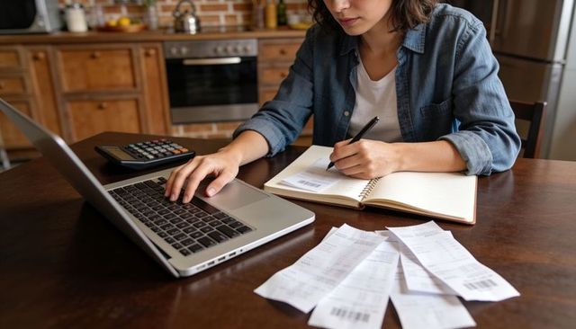 Young woman calculating household budget at kitchen table with laptop and receipts