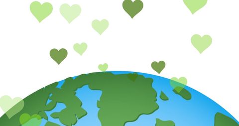 Green hearts floating above cartoonish globe symbolizing earth love