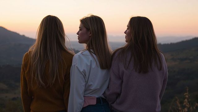 Three women gazing over misty valley at sunset in knit sweaters and jeans backlit silhouette trio