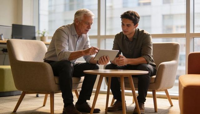 Senior mentor guiding junior colleague on tablet in collaborative modern office lounge