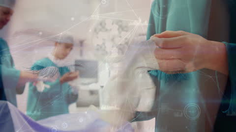 Surgeon Prepping Patient with Digital Network Overlay in Hospital