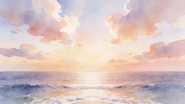 Pastel sunrise watercolor seascape with shimmering surf and tranquil horizon