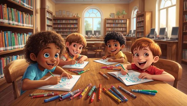 Kids in library enthusiastically engaging in creative art activities