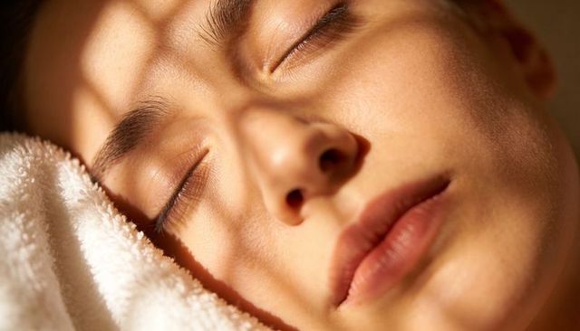 Sunlit woman sleeping on white towel, blinds casting soft stripes across closeup face