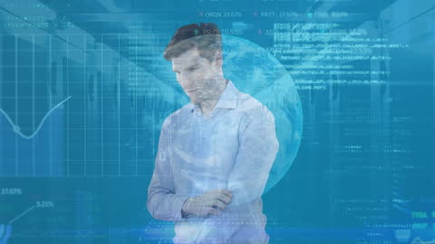 Businessman Engaged with Digital Globe and Analytics Graphics