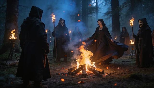 Coven ritual in moonlit forest: cloaked woman dancing around bonfire with hooded figures