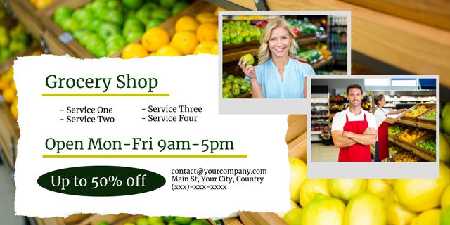 Grocery Shop Ad Template Showcasing Fresh Produce and Professional Staff - Download Free Stock Templates Pikwizard.com