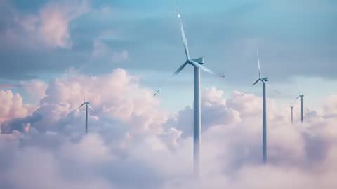 Futuristic Wind Turbines Among Clouds with Particle Effect