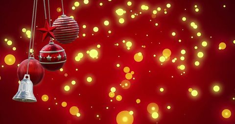 Festive christmas background with hanging ornaments and lights