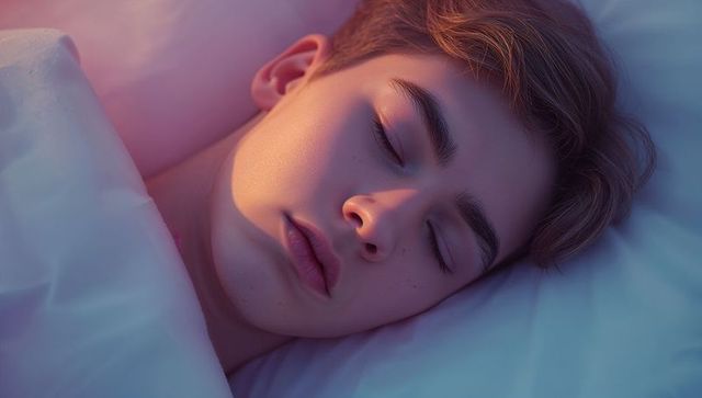 Peaceful Teenage Boy Sleeping in Soft Glow Bedroom