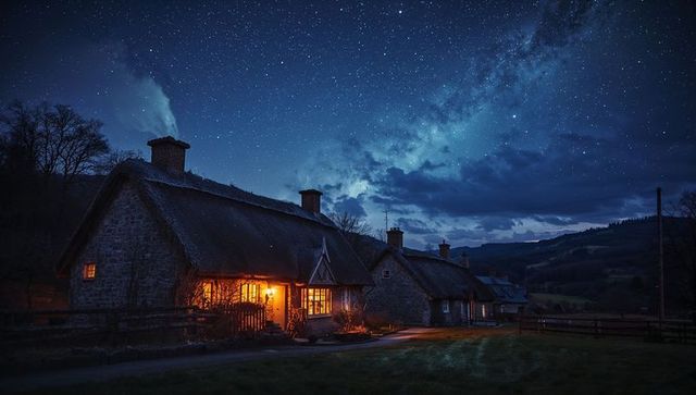 Thatched cottage illuminated under milky way stars in rural night