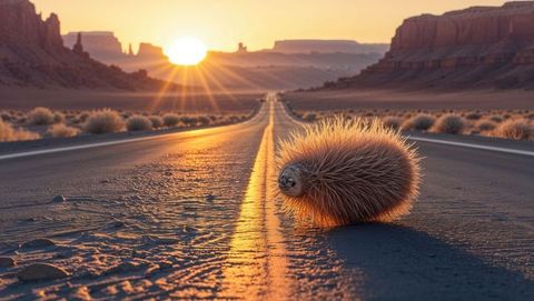 Spiky tumbleweed on desert highway at sunset