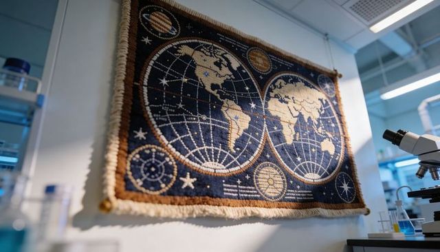 Double-hemisphere tapestry map with constellations hanging on lab wall, microscope scene