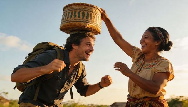 Local woman placing woven basket on laughing backpacker in sunlit rural field