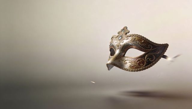 Floating venetian masquerade mask with gold filigree and gemstone embellishment