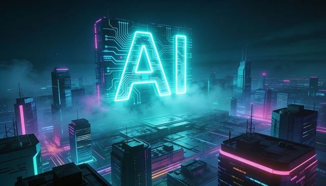 Projecting neon ai hologram over cyberpunk cityscape, glowing cyan and magenta skyscrapers