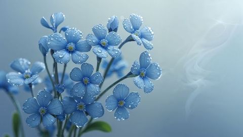 Forget me not flowers with water droplets in misty landscape