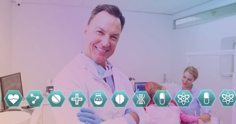 Senior lab worker in futuristic dental clinic with health technology icons