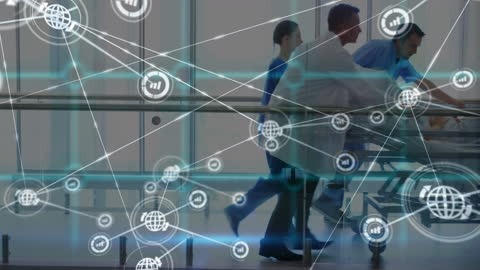 Medical Professionals Running in Hospital with Digital Networking