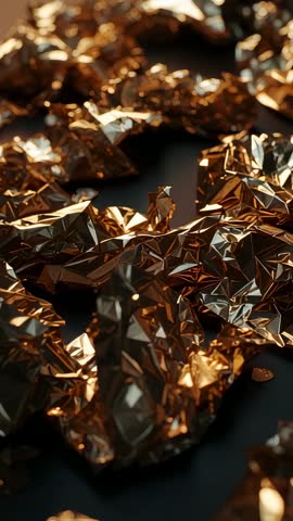 Gliding Macro Vertical Video Revealing Crumpled Metallic Foil in Warm Gold Copper Tones