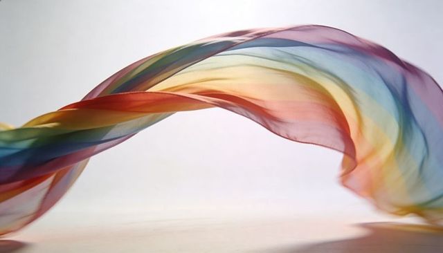 Floating translucent rainbow silk scarf forming graceful arch with soft studio shadow