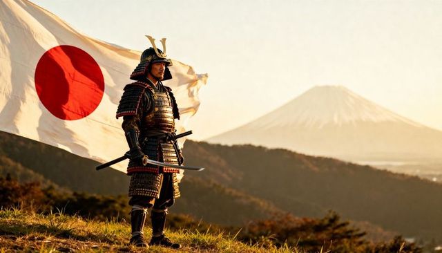 Samurai warrior standing with katana and waving hinomaru flag before mount fuji at sunset