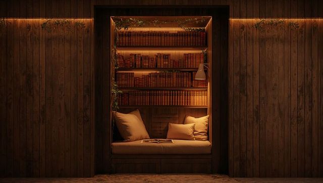 Cozy wooden reading nook glowing with warm led lighting, built-in bookshelves and cushions