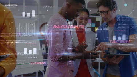 Diverse Team Analyzing Data in Modern Office with Futuristic Interface