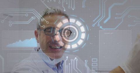 Innovative scientist engaging with futuristic hud technology