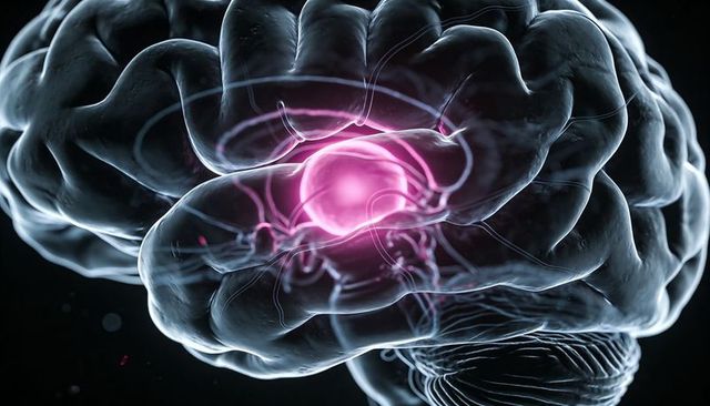 3d brain model highlighting glowing pink neural hub, translucent cortex and neural tracts
