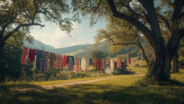 Billowing colorful laundry swaying over sunlit country path with rustic cottage and meadow