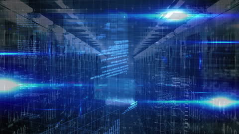 Futuristic Server Room with Data Processing Visuals