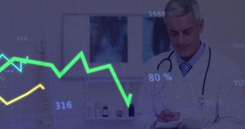Doctor writing patient notes with data overlay and clinical graphs for health analytics