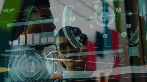 Diverse Coworkers Collaborating with Futuristic Data Overlay